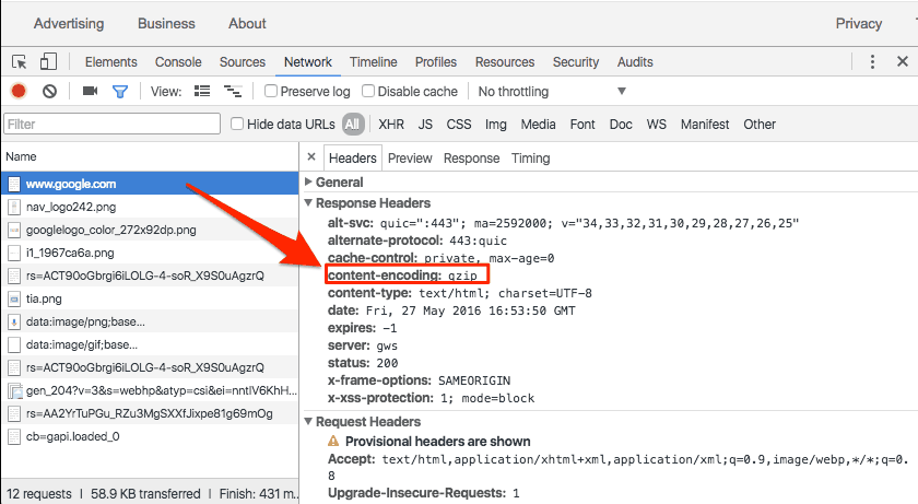 google chrome gzip header