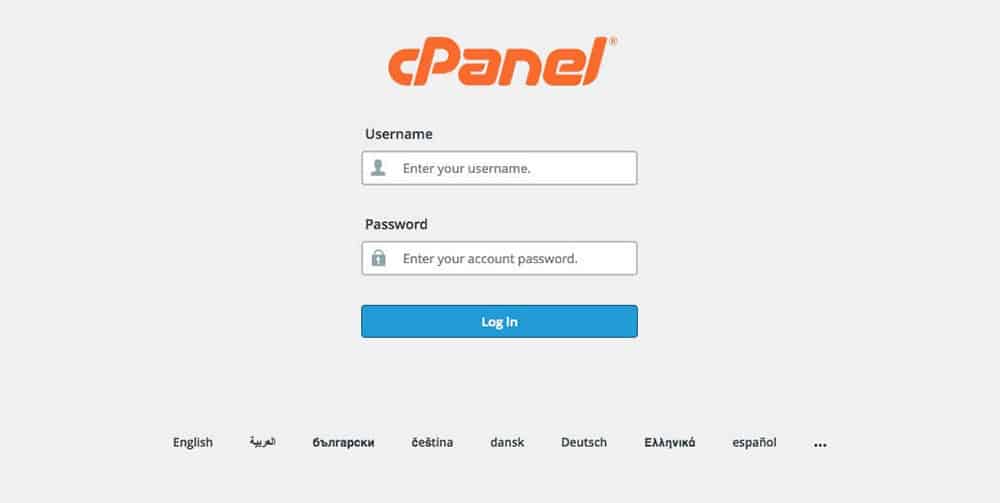 cPanel login Screen