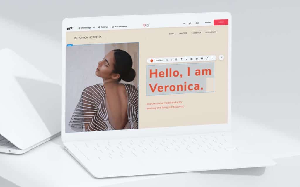 female model on the laptop screen zyro website builder
