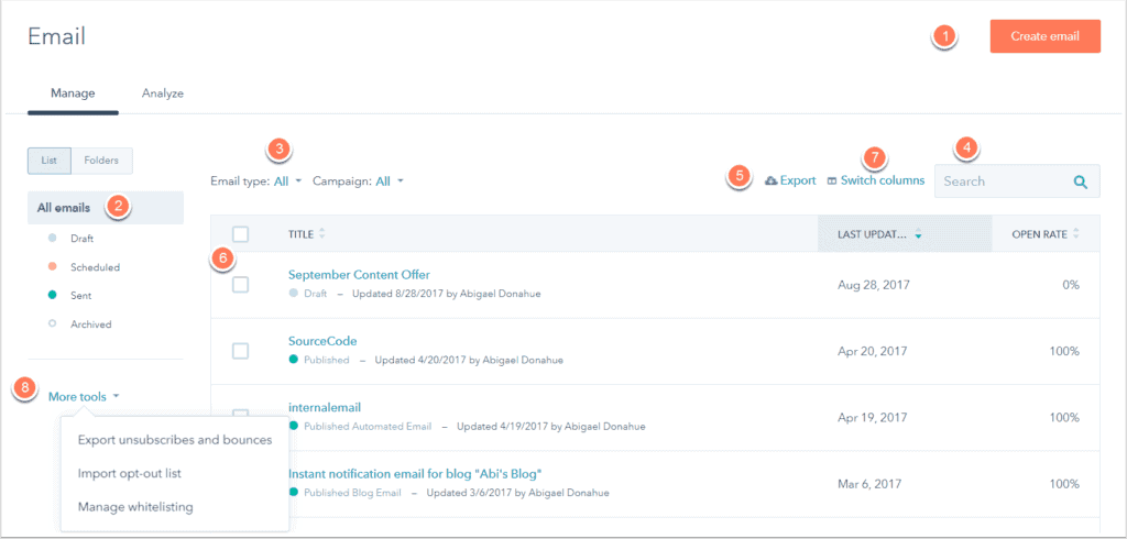 Hubspot Email Marketing Manage Dashboard