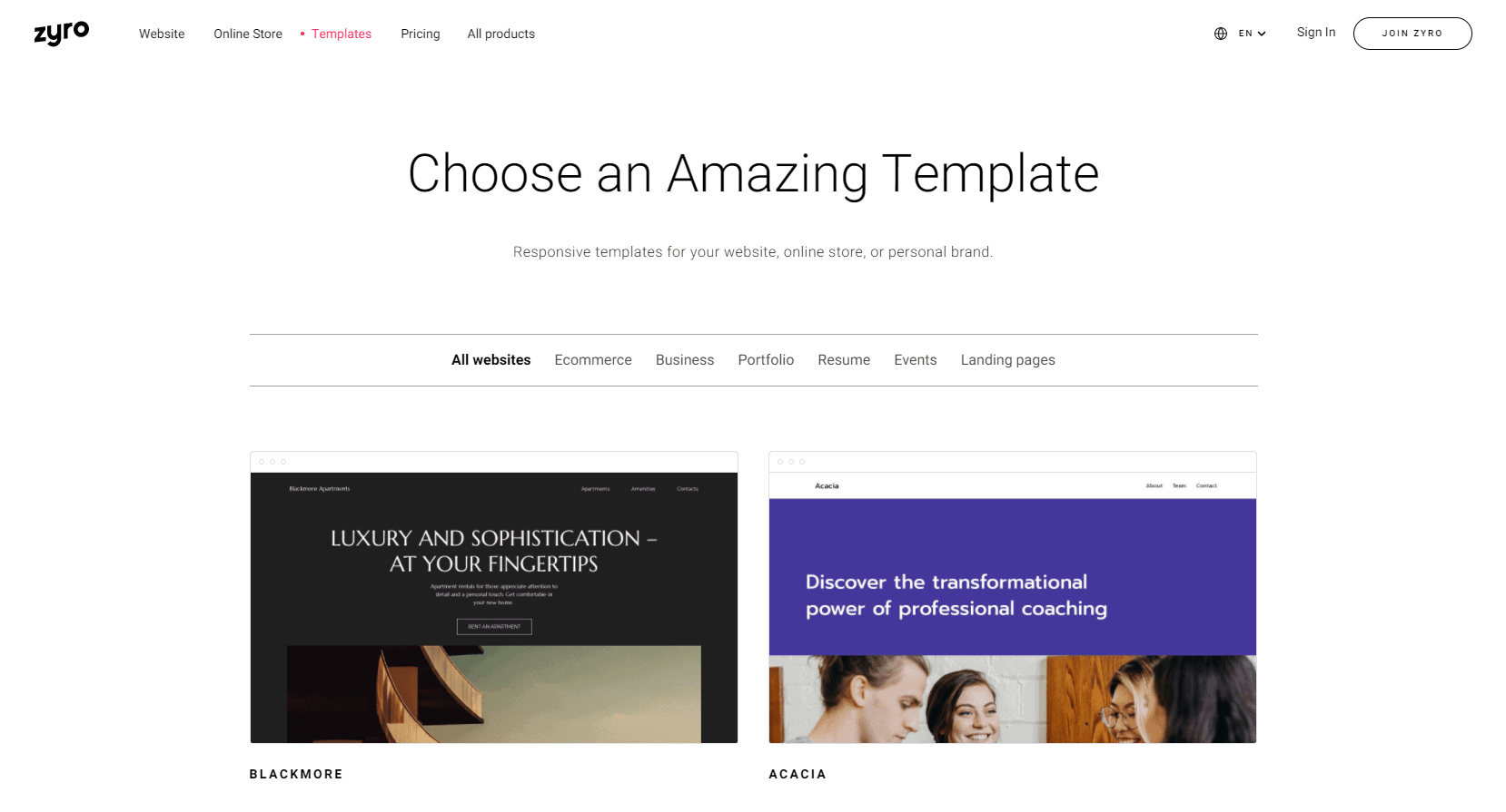 Choose a template on zyro website