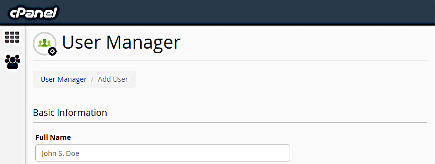 cPanel User manager basic information