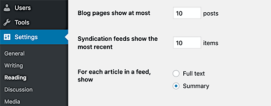 separating pages in wordpress settings